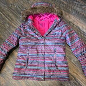 Joe Fresh Kids Girls XL 14 Striped Winter Ski Jacket Hooded Faux Fur Pink Grey
